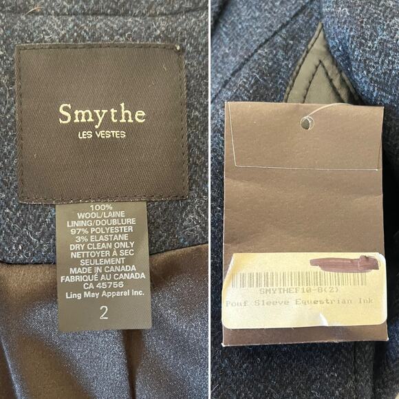 NWT Smythe Pouf Sleeve Equestrian Jacket Blazer Navy Wool Leather Patches Size 2 - Picture 5 of 8